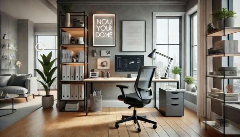 Nowoczesne domowe biuro z minimalistycznym designem, drewnianą podłogą, szarymi ścianami, regałami i stanowiskiem pracy z komputerem. Ergonomiczne regały biurowe