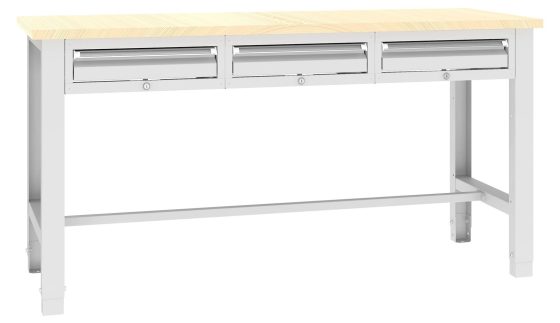 Ergonomiczny stół warsztatowy z szufladami - profesjonalne stanowisko robocze Stół warsztatowy w kolorze białym z drewnianym blatem i trzema szufladami zamykanymi na klucz