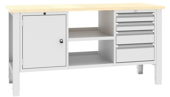 Wielofunkcyjny stół warsztatowy - stanowisko robocze z systemem przechowywania Stół warsztatowy z drewnianym blatem, szafką, otwartymi półkami i modułem z pięcioma szufladami