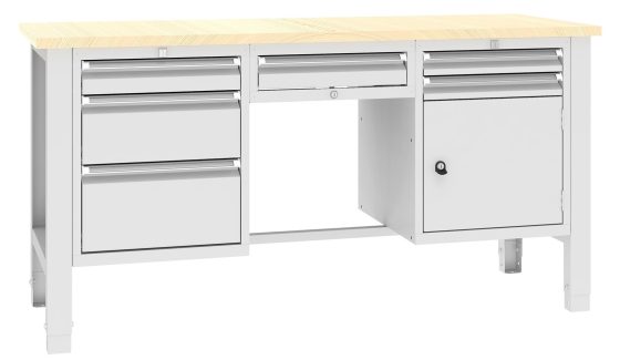 Stół warsztatowy z miejscem do siedzenia - ergonomiczne stanowisko robocze Biurko warsztatowe z drewnianym blatem, czterema szufladami, szafką i przestrzenią na nogi