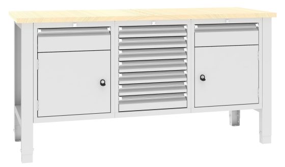 Modułowy stół warsztatowy z szafkami i szufladami - profesjonalne stanowisko robocze Stół warsztatowy z drewnianym blatem, dwoma szafkami zamykanymi na klucz i środkowym modułem z siedmioma szufladami