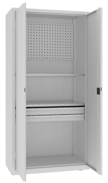 Szafa narzędziowa metalowa z systemem organizacji - profesjonalne wyposażenie warsztatowe Metalowa szafa warsztatowa w kolorze jasnoszarym z otwartymi drzwiami, tablicą perforowaną, szufladami i półkami