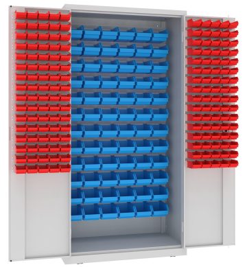 Szafa warsztatowa z pojemnikami magazynowymi - profesjonalny system przechowywania drobnych elementów Metalowa szafa magazynowa z systemem pojemników warsztatowych w kolorach czerwonym i niebieskim