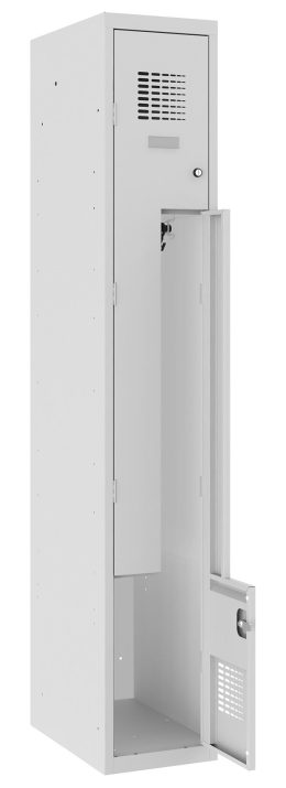 Szafka szatniowa jednodrzwiowa - metalowa szafa ubraniowa z wentylacją Szafka ubraniowa metalowa w kolorze jasnoszarym z otwartymi drzwiami i otworami wentylacyjnymi