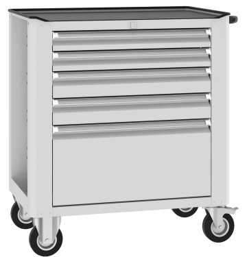 Kompaktowy wózek narzędziowy na kółkach - mobilne stanowisko robocze dla mechaników Mobilny wózek warsztatowy w kolorze białym z pięcioma szufladami i czarnym blatem roboczym