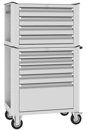 Profesjonalny wózek warsztatowy - mobilny system przechowywania narzędzi Metalowy wózek narzędziowy w kolorze białym z dziewięcioma szufladami i kółkami jezdnymi