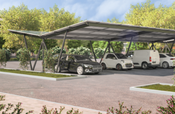 Ekologiczna wiata parkingowa z panelami fotowoltaicznymi - nowoczesne rozwiązanie dla parkingów Nowoczesna wiata parkingowa z zadaszeniem fotowoltaicznym i zaparkowanymi samochodami