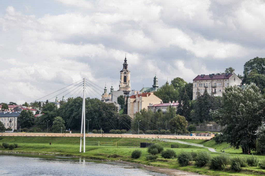Panorama Przemyśla z widokiem na Bazylikę Archikatedralną, most wantowy i rzekę San, historyczna zabudowa na wzgórzu, Regały magazynowe w Przemyślu
