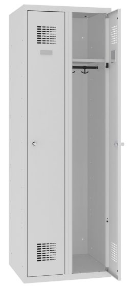 Dwukomorowa szafa ubraniowa - metalowa szafka szatniowa z wentylacją Szafa ubraniowa metalowa w kolorze jasnoszarym z dwoma komorami, jedna otwarta z drążkiem na wieszaki