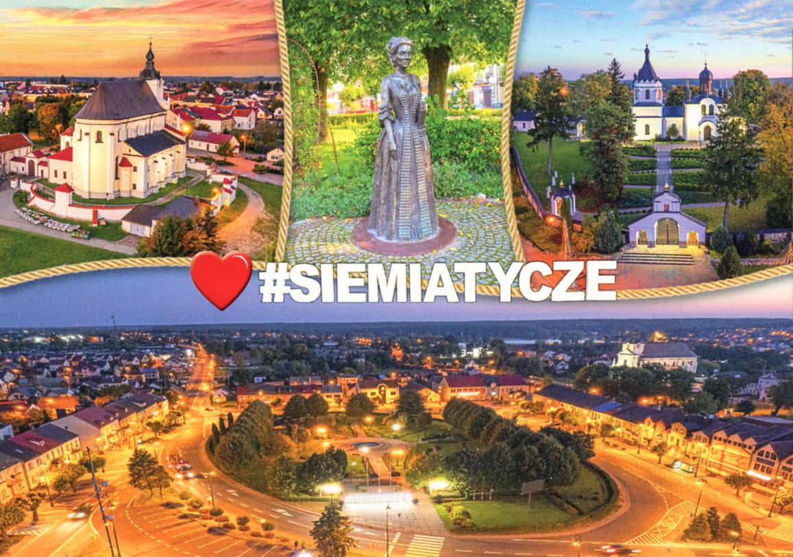 Siemiatycze - panorama miasta z kościołem, pomnikiem i widok z lotu ptaka na centrum ośrodka przemysłowo-usługowego w województwie podlaskim